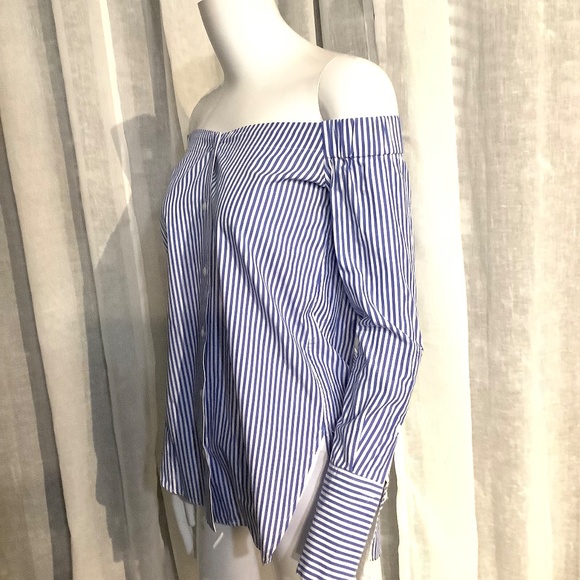 Rag & Bone Blue/White Stripe Off the Shoulder Long-Sleeve Cotton Blouse - Picture 7 of 9